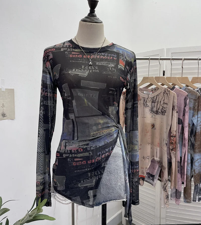 Uveng Vintage Tie-Dye-Print Net Yarn Jersey Long-Sleeved Top Irregularly T-Shirt With Thin Short T-Shirt 1919