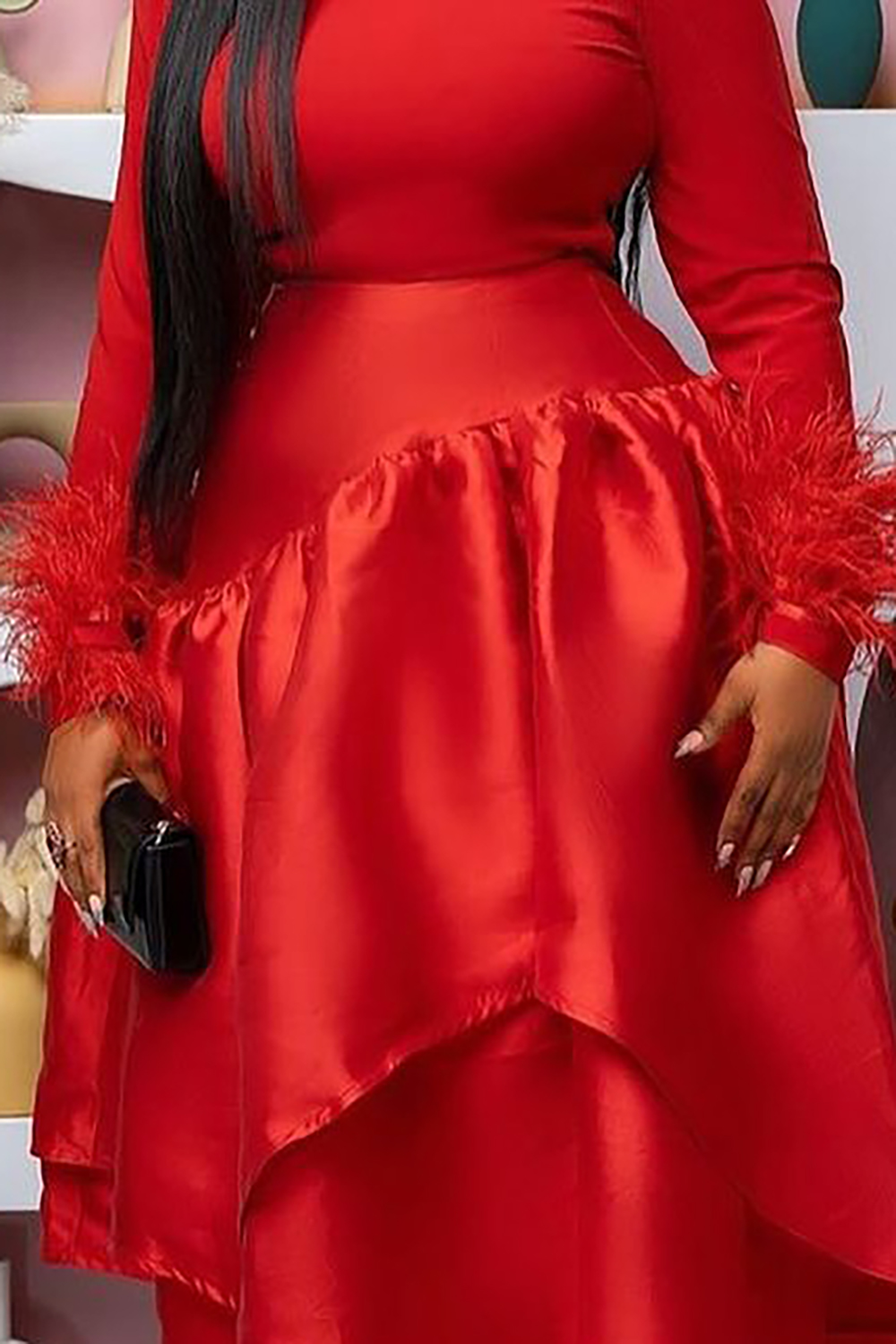Plus Size Semi Formal Elegant Red Spring Summer Round Neck Long Sleeve Trimmings Satin Midi Dress [Pre-Order]