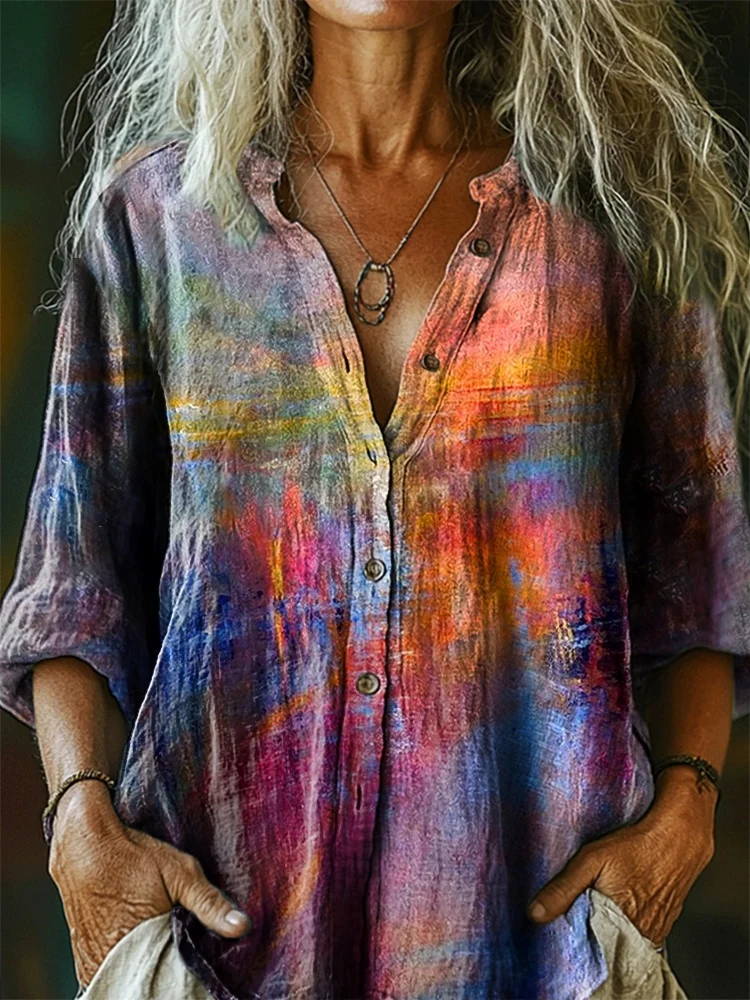 Women's Colorful Tie-Dye Pattern Art Print Linen Cotton Casual Shirt