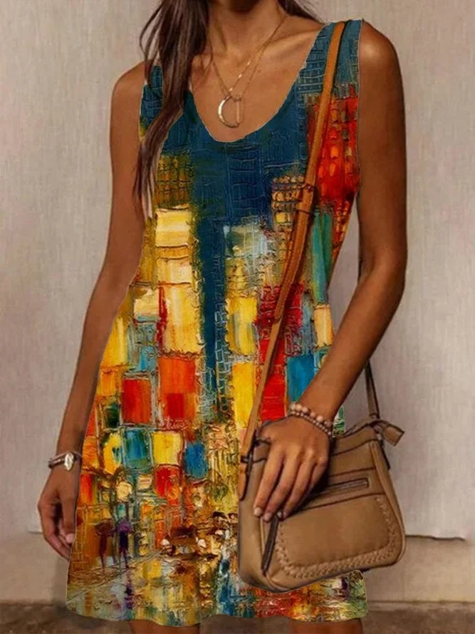 Plus Size Vintage Holiday Boho Shift V Neck Abstract Casual Dresses