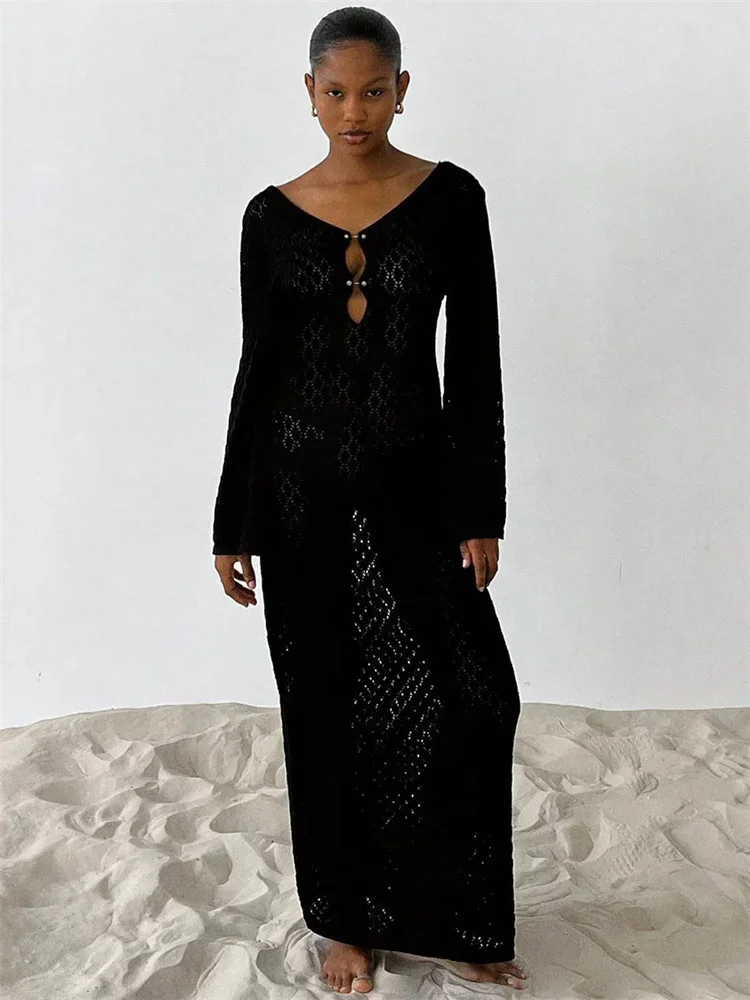 White Knit Fashion Cover up Maxi Dress See-Through V-Neck Hollow Out Beach Holiday Dress Knitwear Backless Dress