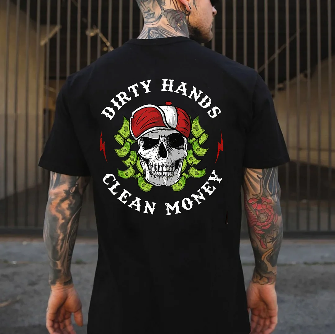 DIRTY HANDS CLEAN MONEY Skull Black Print T-Shirt