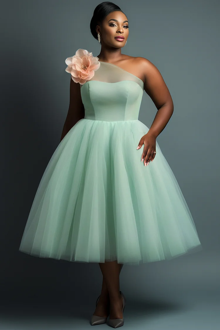 Xpluswear Design Plus Size Wedding Guest Sage Green Elegant Oblique Collar 3D Tulle Midi Dresses [Pre-Order] 2024 - Xpluswear