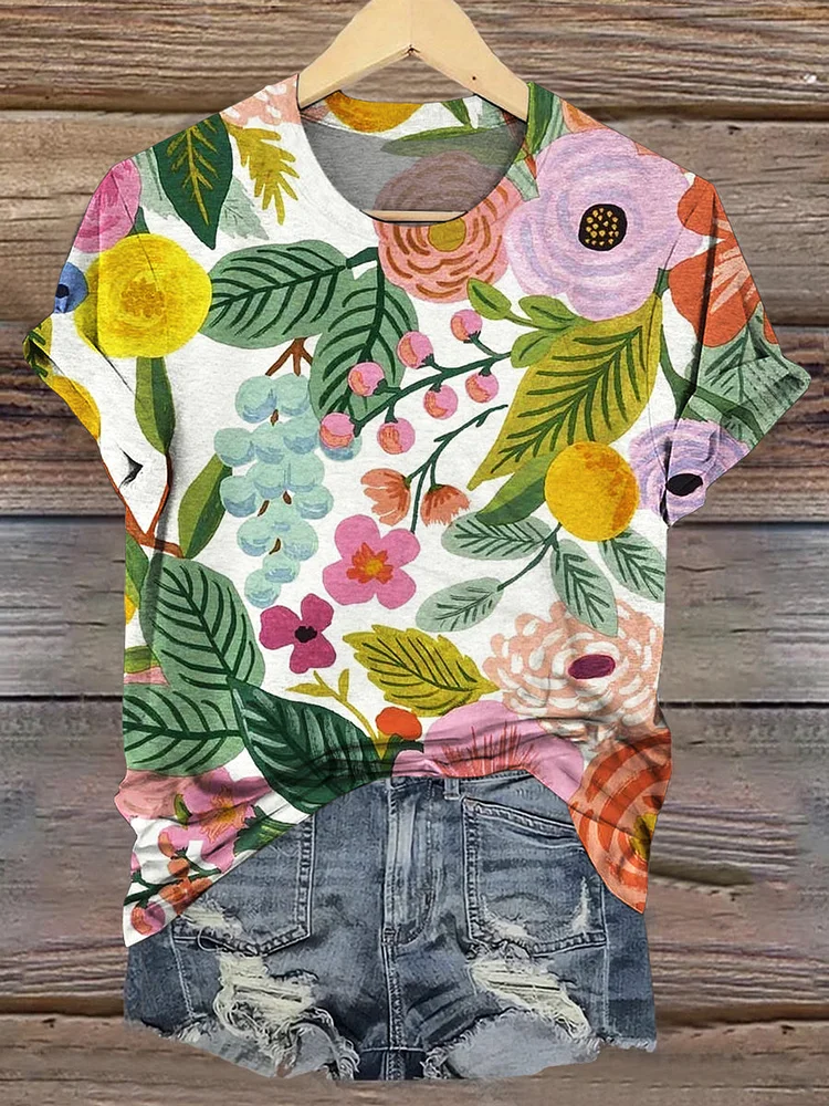 Vintage Floral Print Casual Short Sleeve Top