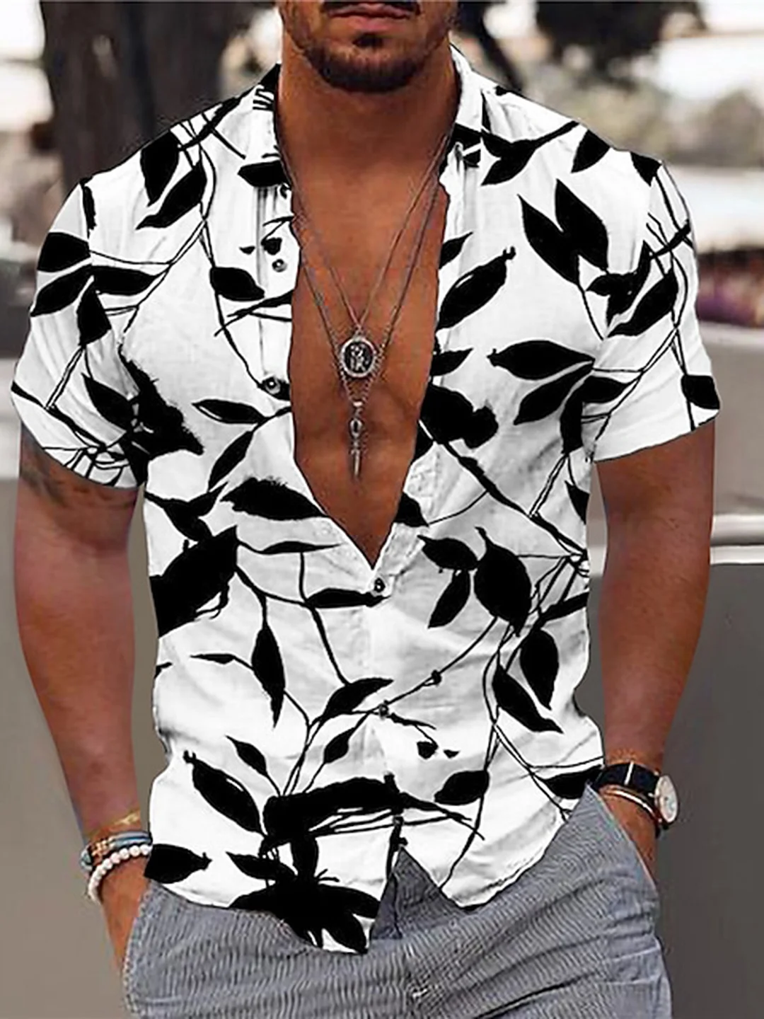 Men's Hawaiian Simple Leaf Print Casual Short Sleeve Shirt
