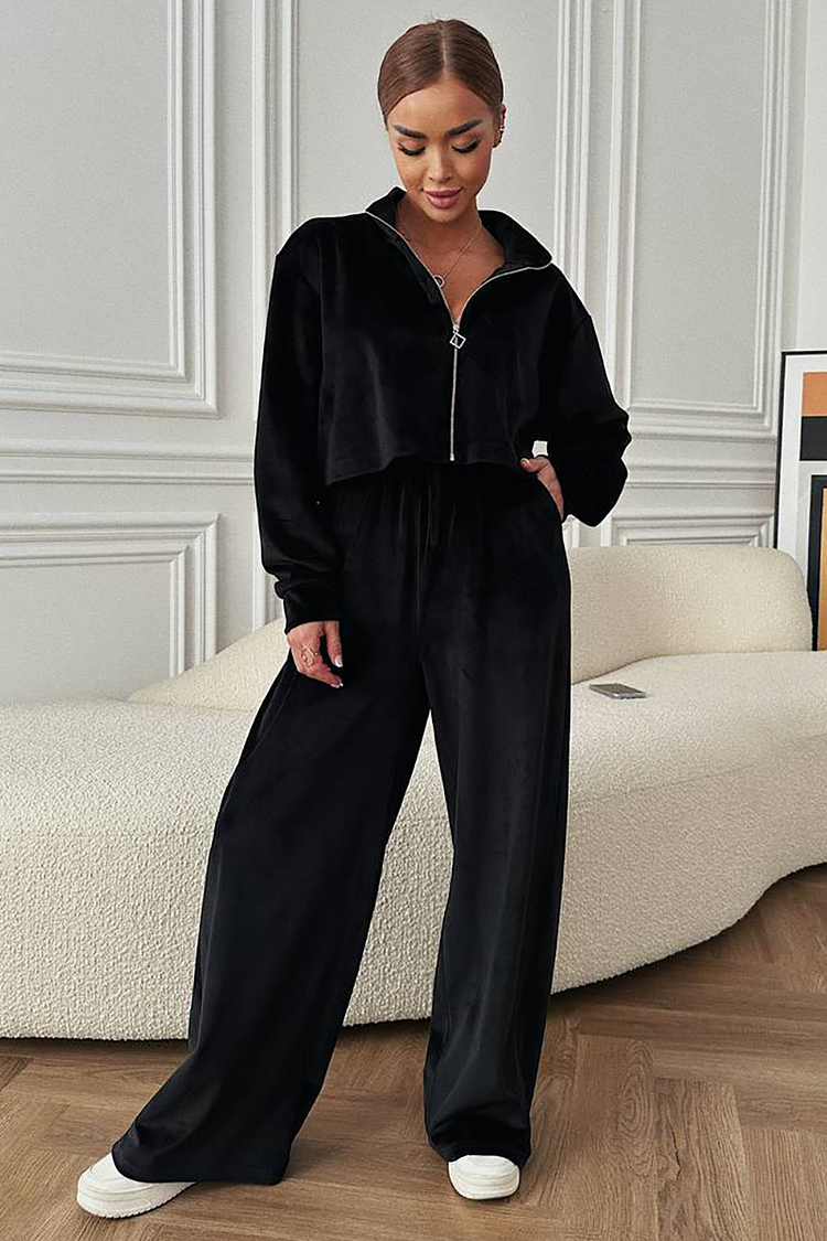 Turndown Collar Zip Crop Cardigan Wide Leg Velvet Pants Matching Set-Black