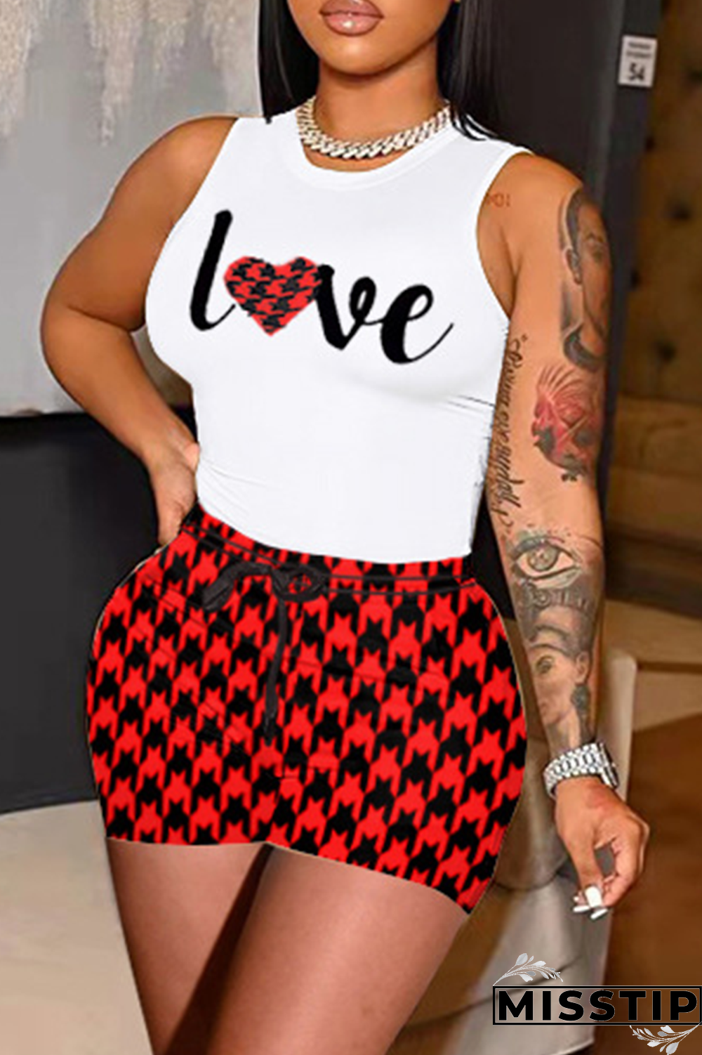 Red Casual Plaid Patchwork O Neck Plus Size Two Pieces