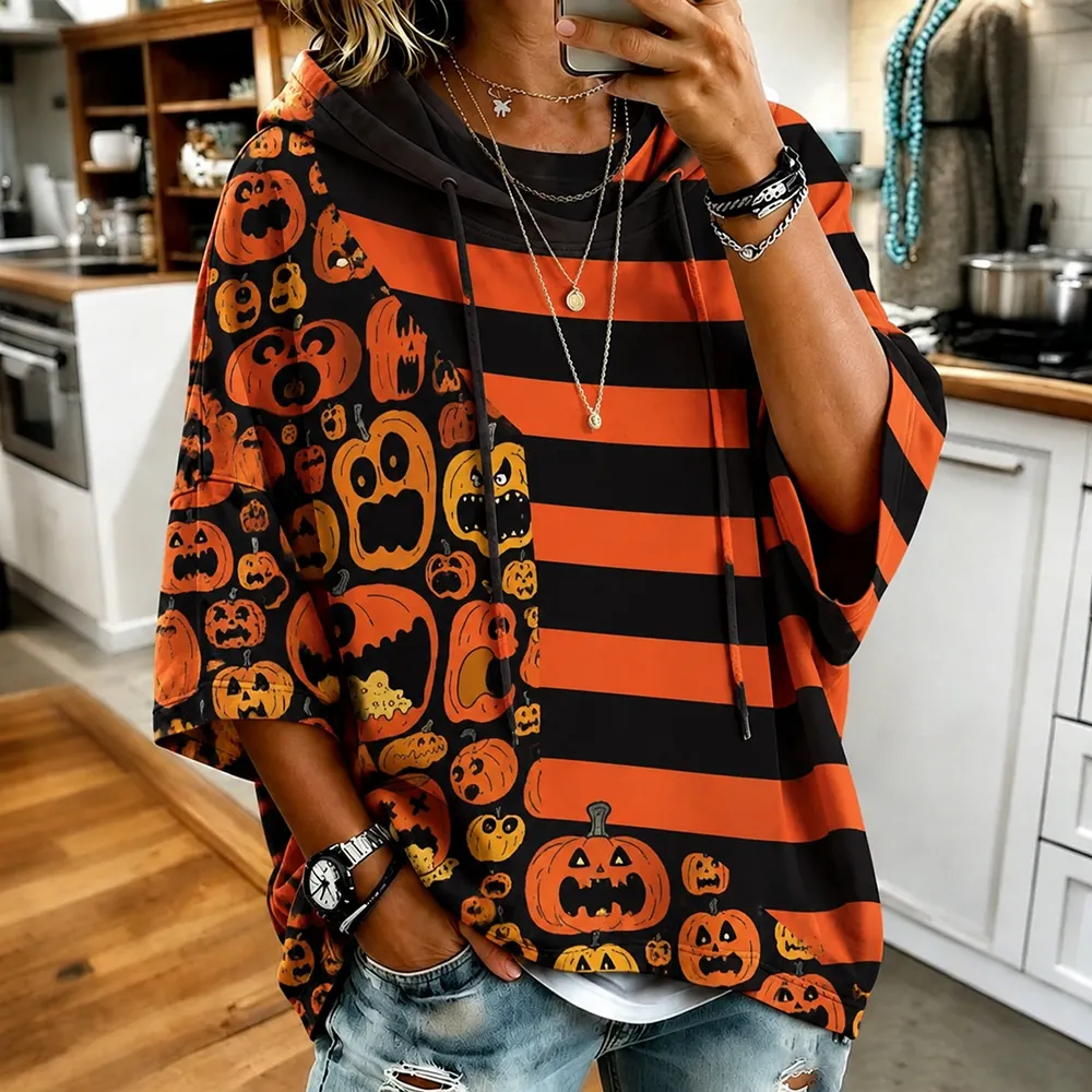 Comstylish Women's Halloween Horror Pumpkin Face Color Block Striped Art Print Hoodie