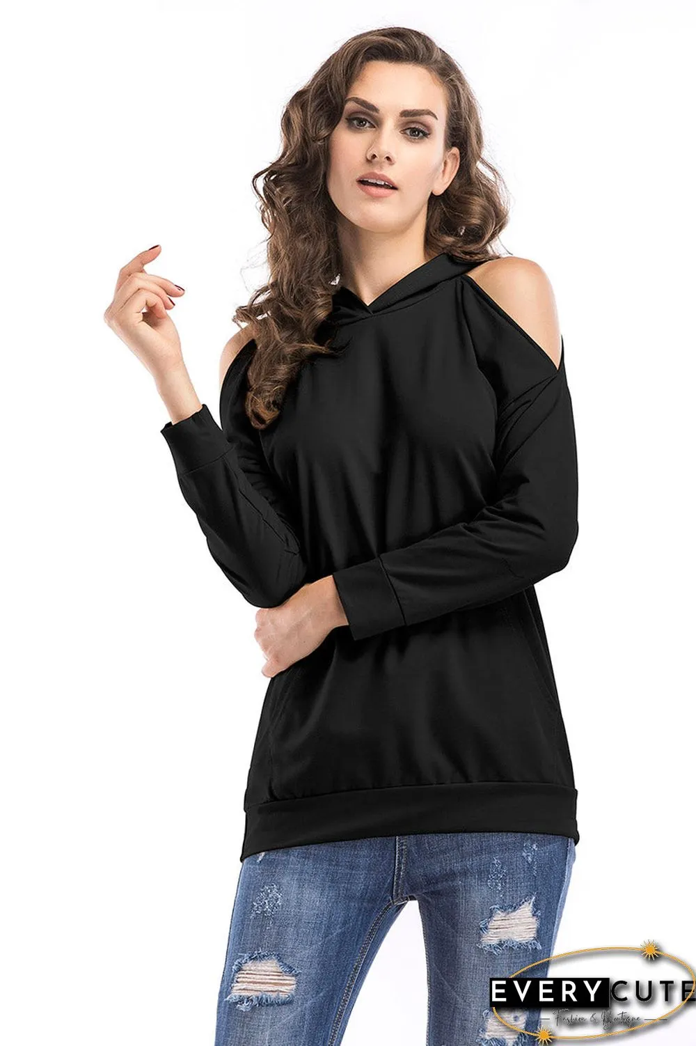 Solid Off-the-shoulder Pullover Sweatshirt