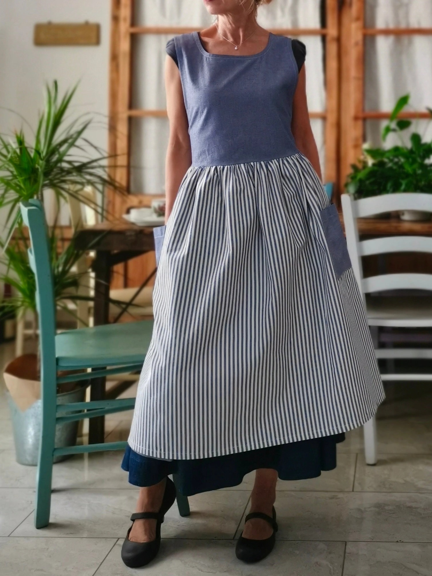 Blue Striped Patchwork Cotton Kitchen Apron