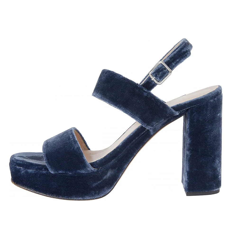 Navy Velvet Chunky Heel Strappy Open-Toe Platform Sandals for Women