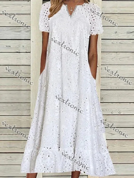 Women's White Short Sleeve V-neck Lace Midi Dress