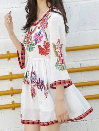 Spring/Summer V-Neck Long Sleeve Floral Print Short Dress