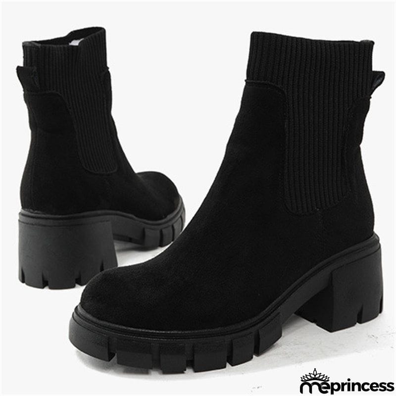 Winter Daily Women Chunky Heels Suede Chelsea Martin Boots