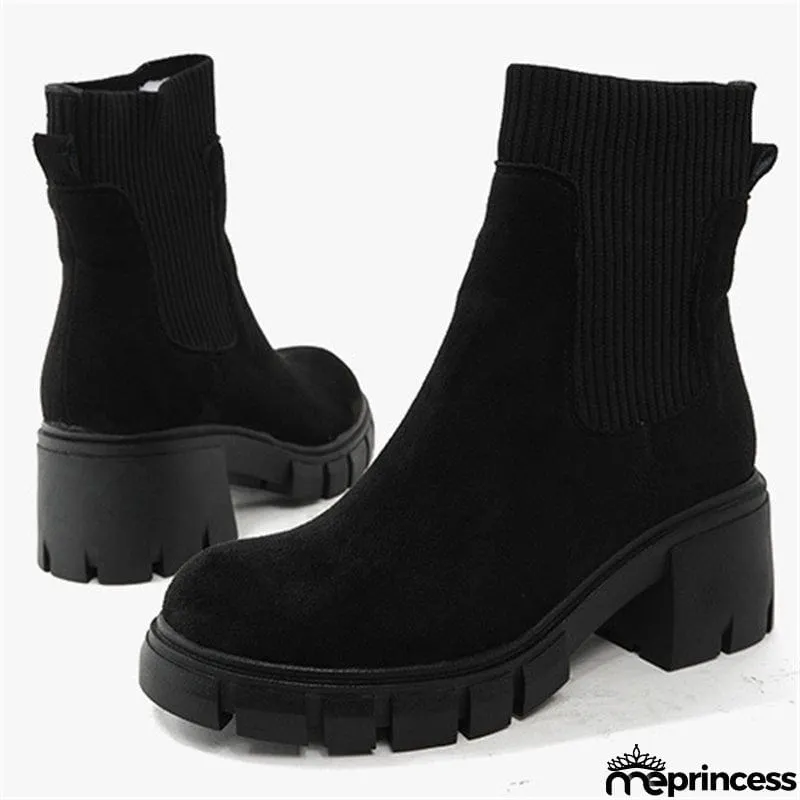 Winter Daily Women Chunky Heels Suede Chelsea Martin Boots