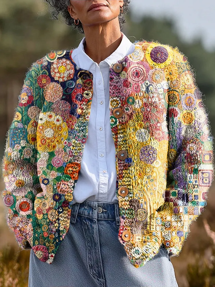 Colorful Abstract Circular Geometric Painting Art Print Buttoned Cardigan Sweater
