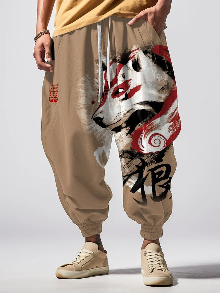 Men's Japan Mysterious Wolf Ink Painting Loose Drawstring Waist Sweatpants