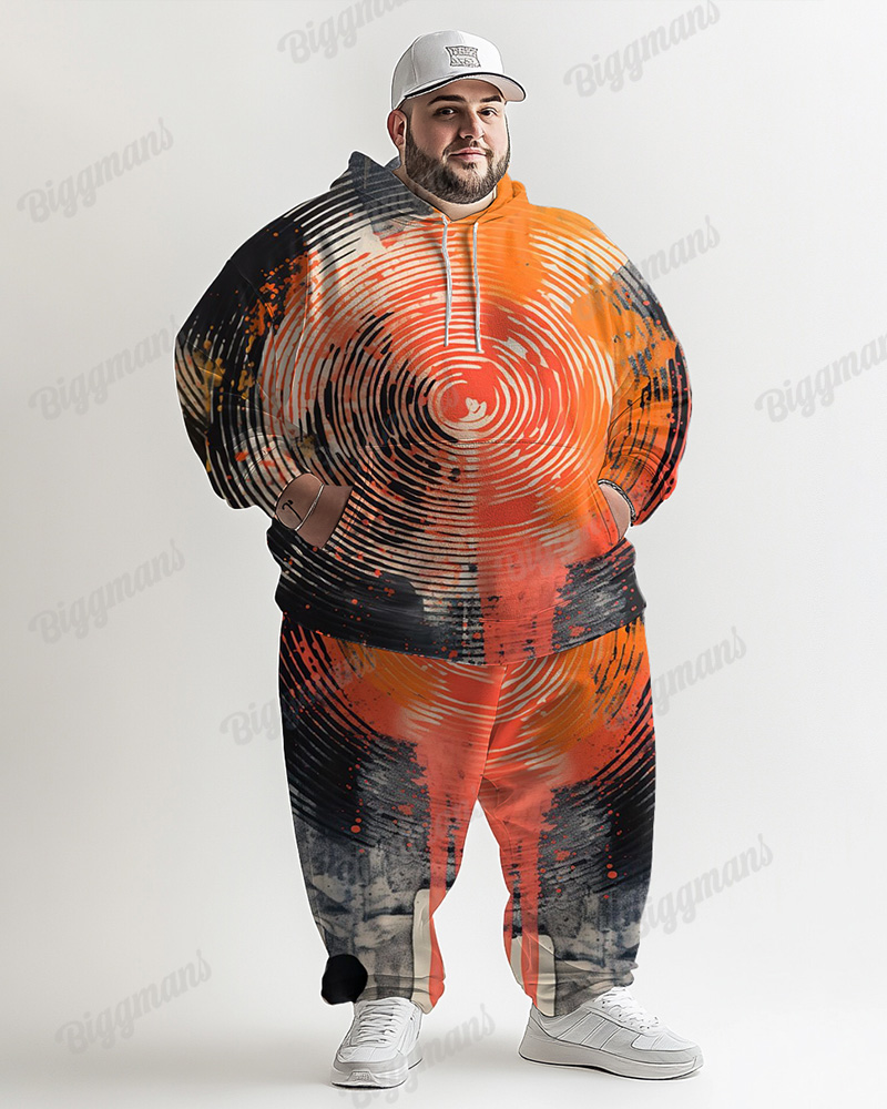 Mens Daily Casual Orange Swirl Geometric Print Plus Size Hoodie Suit