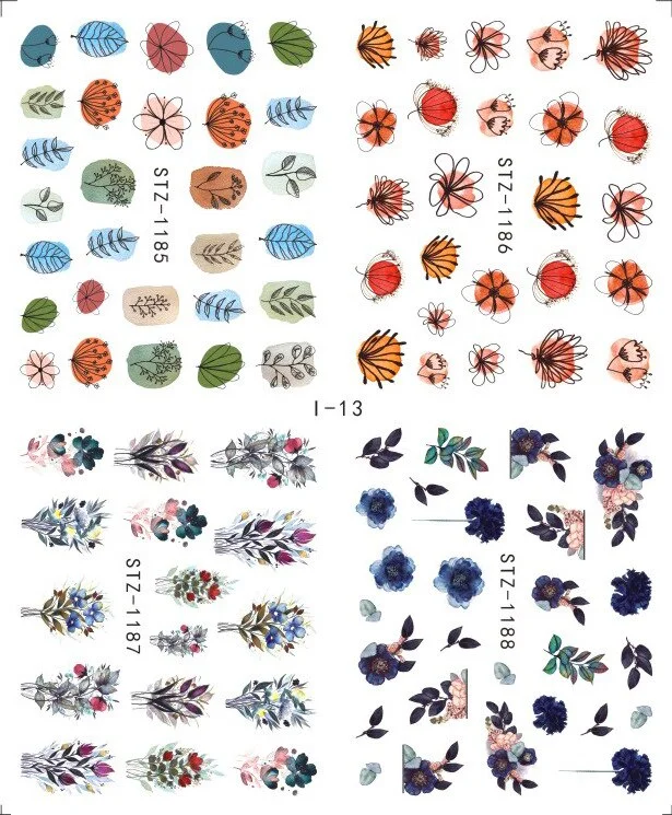 Nail Stickers Water Transfer Flowers Leafs Abstract Art Designs 4Pcs/Set Nail Decal Decoration Tips For Beauty Salons