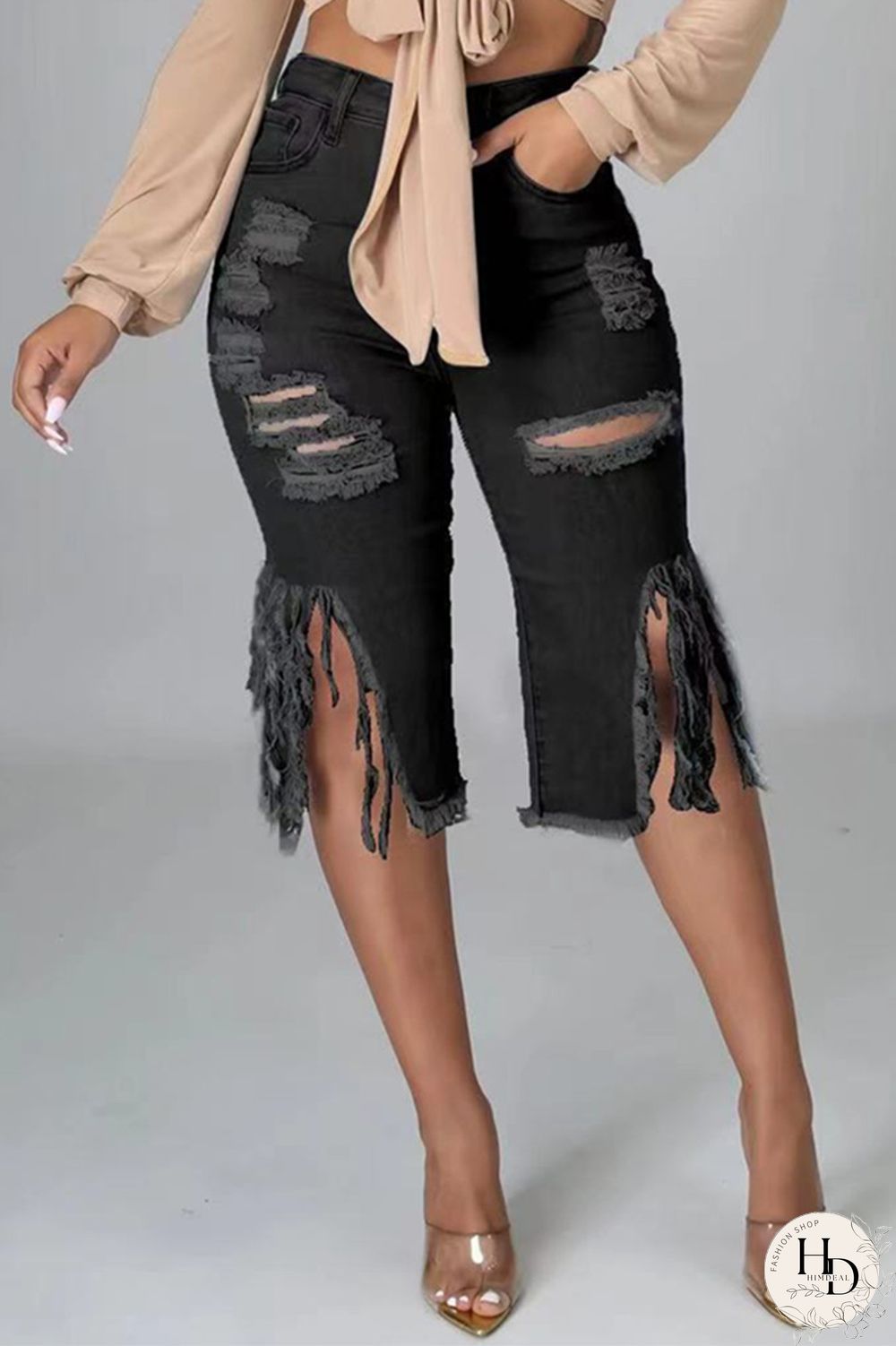 Black Fashion Casual Solid Ripped High Waist Regular Jeans