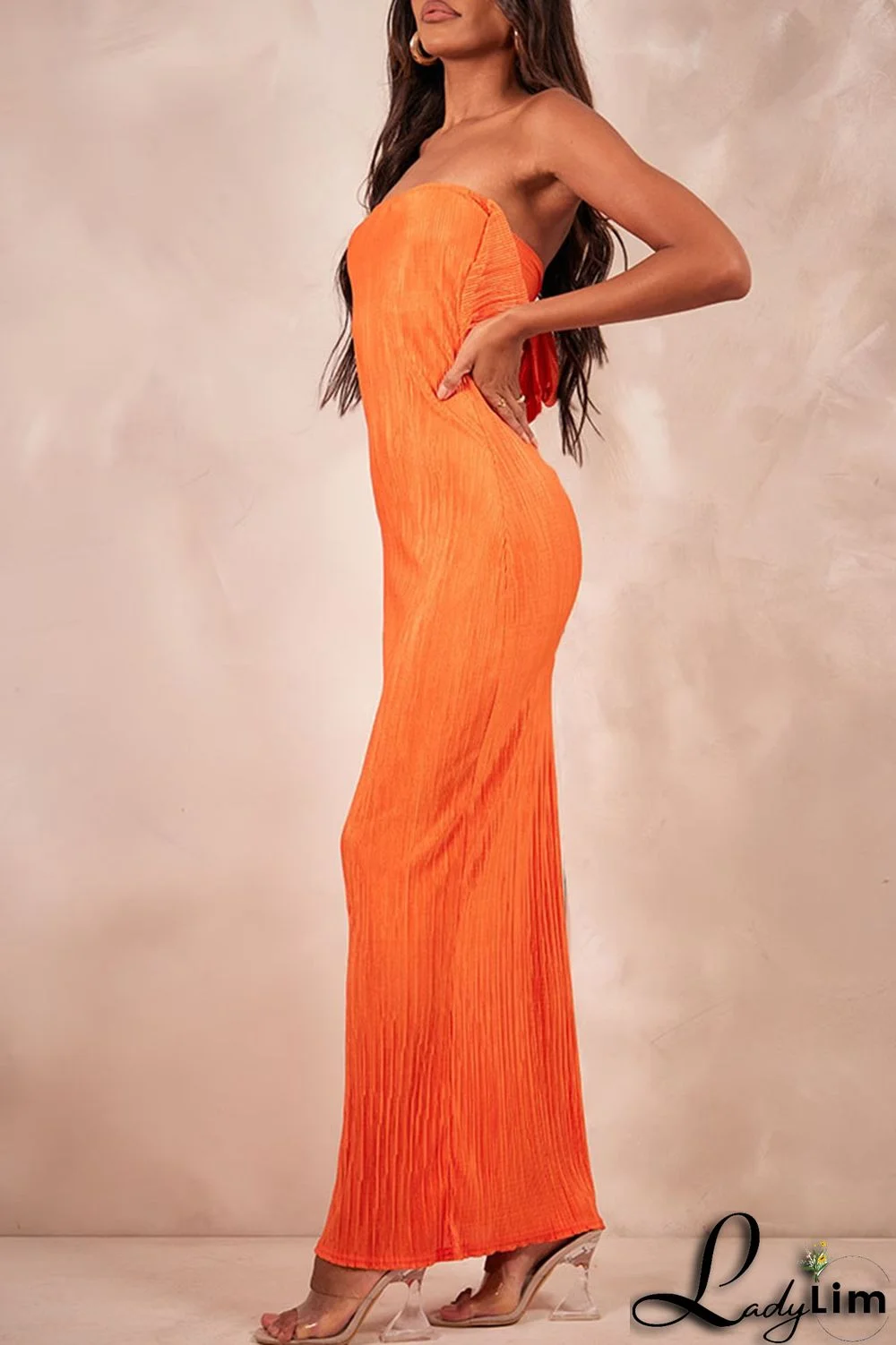 Tangerine Sexy Print Patchwork Fold Strapless Pencil Skirt Dresses