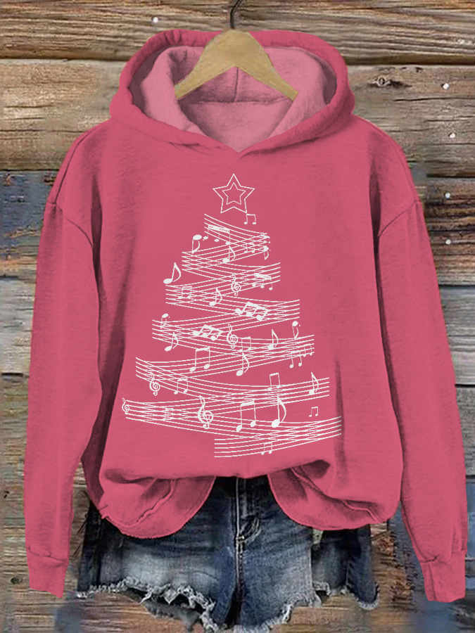 Christmas Music Note Print Casual Cozy Hoodie wearshes