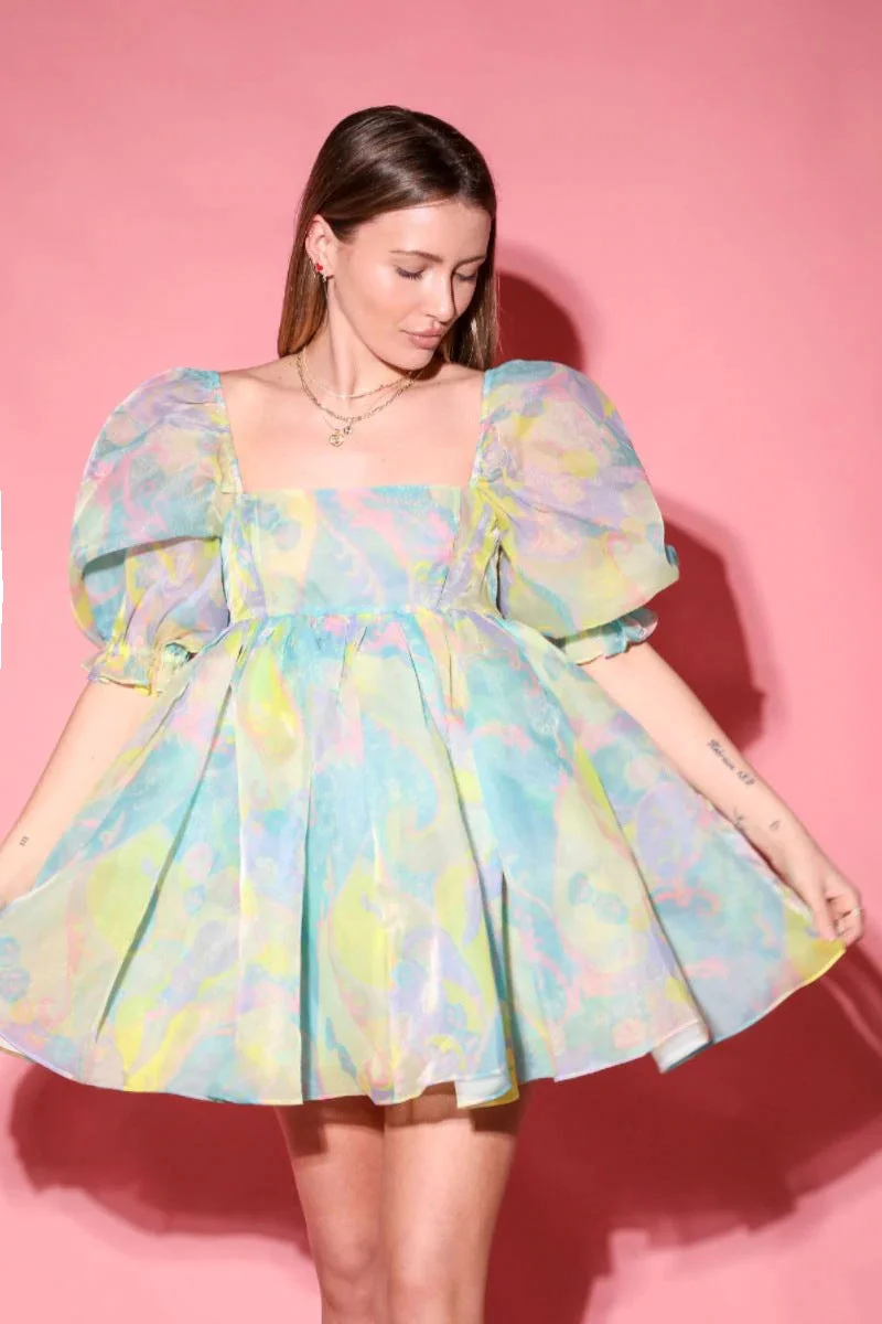 Brownm Printed Square Collar Lantern Short High Waist Sleeve Women's Backless Puffy Dress