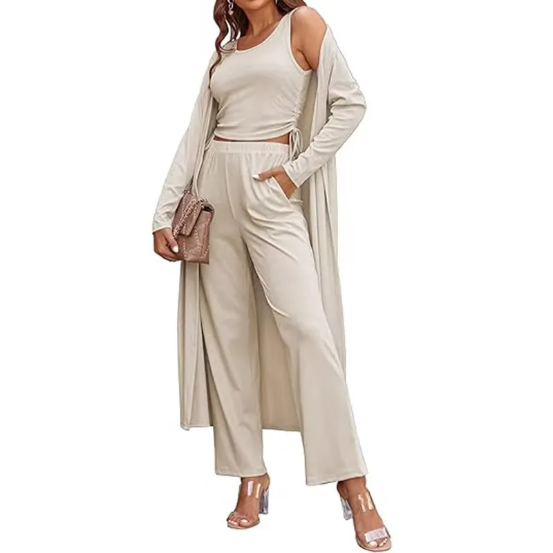 Women's 3 Piece Loungewear Set, Crop Cami Top + Wide Leg Pants + Long Cardigan