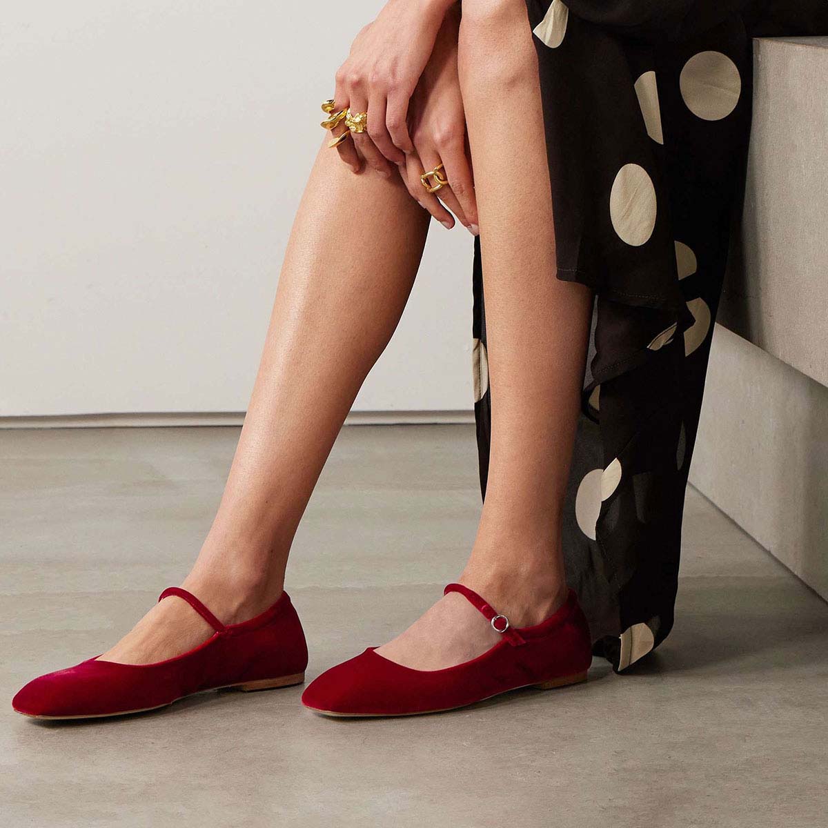 Red Velvet Square Toe Flat Mary Jane Shoes with Buckle Strap Nicepairs