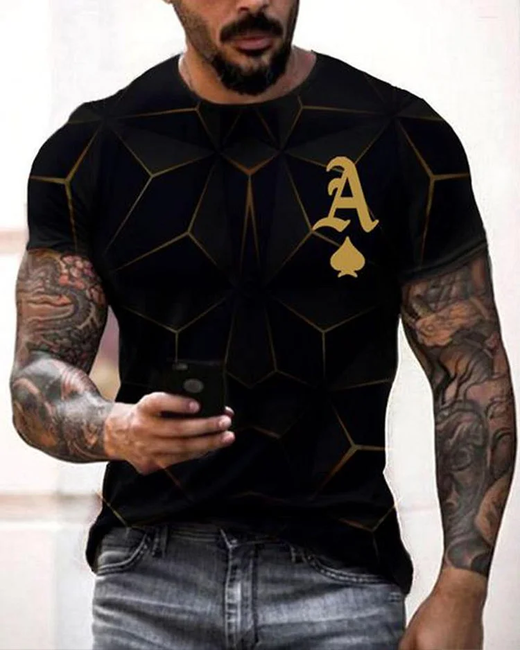 2023 Men's Hot Sale Fashion Casual Round Neck Black Poker A Print Short Sleeve T-Shirt Top
