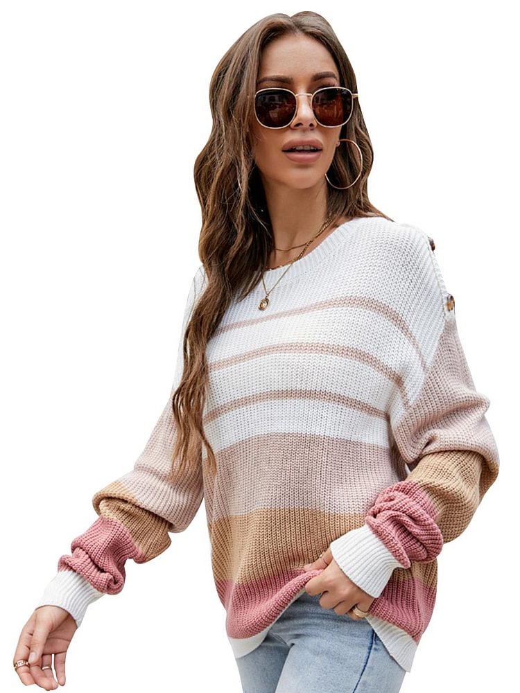 Mayoulove Women's Sweaters Loose Striped Round Neck Long Sleeve Pullover Sweaters-Mayoulove