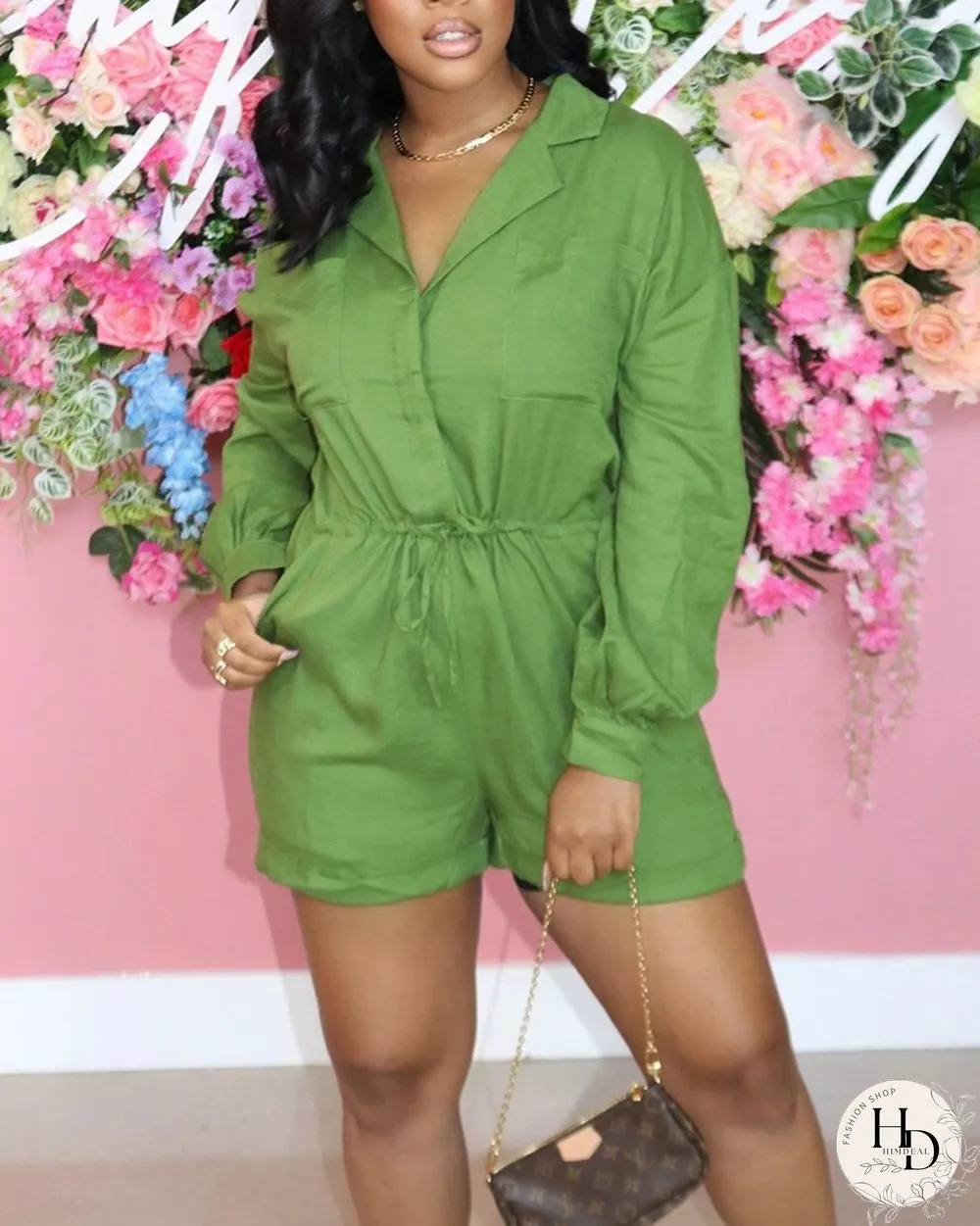 Solid Button Front Pocket Detail Drawstring Romper