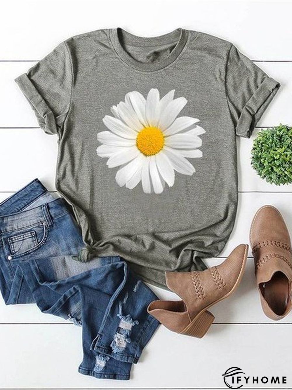 Short Sleeve Crew Neck Floral-print Casual T-shirt | IFYHOME