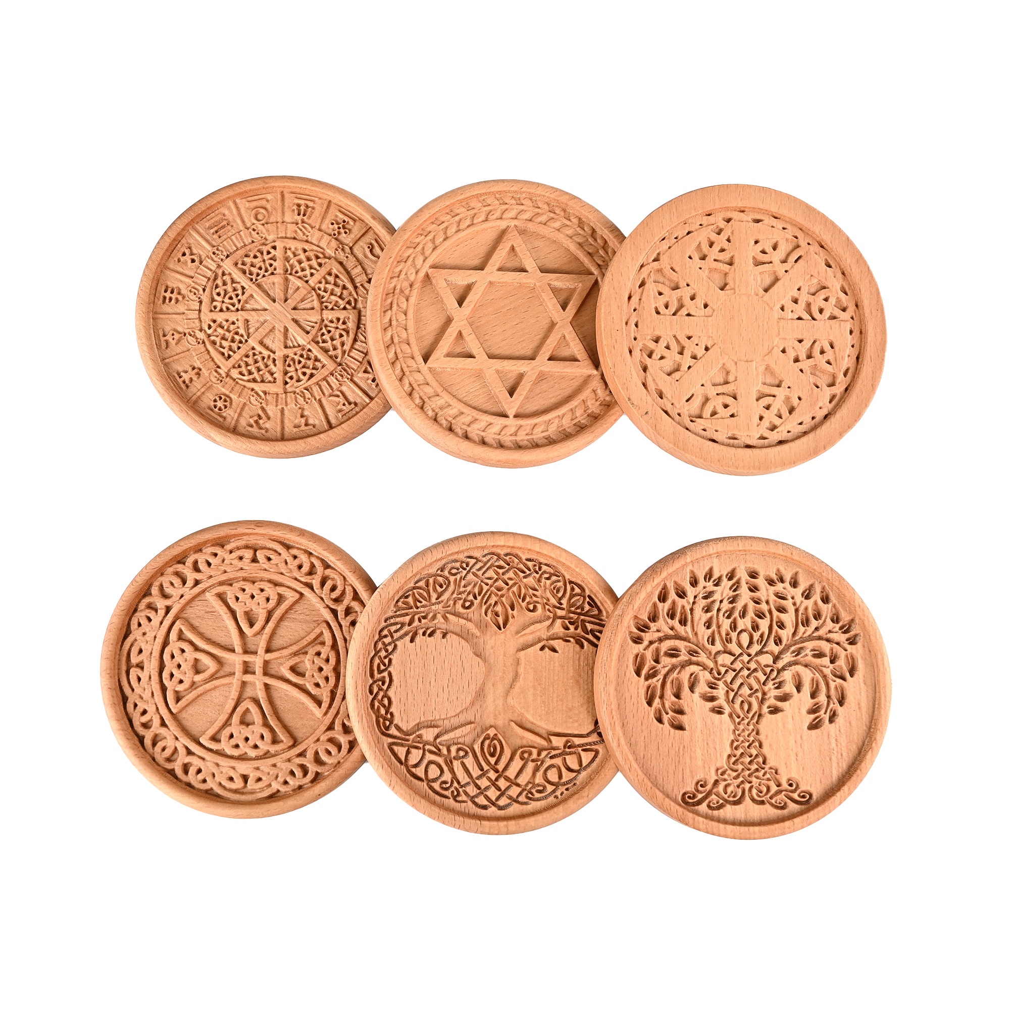 Beech Wood Coaster Set: A Natural Resonance of Diverse Cultural Symbols (with free coaster rack)