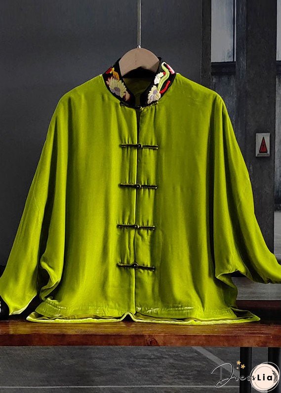 Vintage Green Stand Collar Embroidered Button Silk Velour Outwear Spring