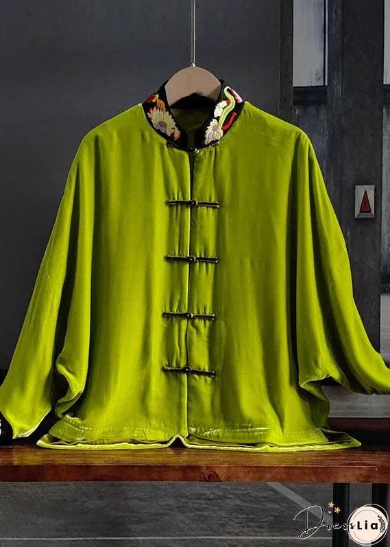Vintage Green Stand Collar Embroidered Button Silk Velour Outwear Spring