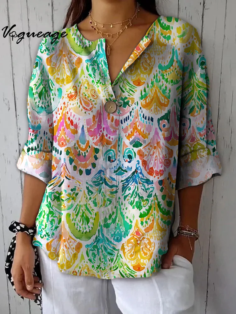Creative Elegant Watercolor Plants Printed Cotton And Linen Shirt