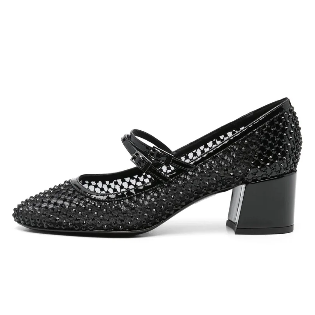 Metallic Finish Mesh Rhinestone Black Mary Janes with Block Heels