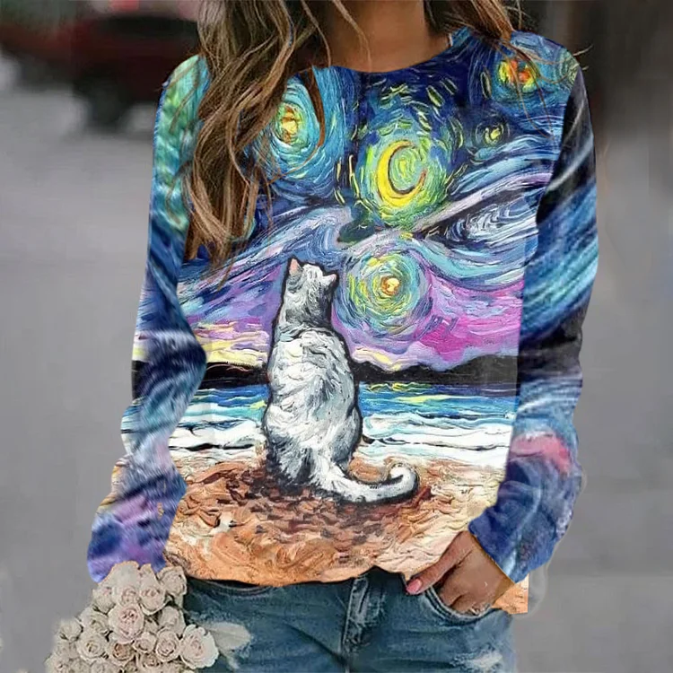 Vefave Round Neck Cat Starry Sky Oil Painting Sweatshirt