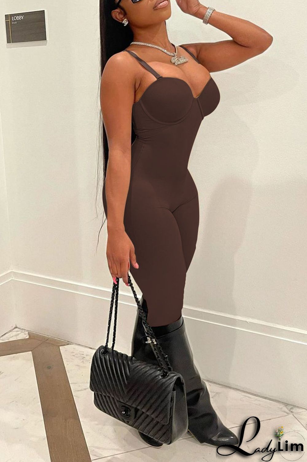 Brown Sexy Solid Patchwork Spaghetti Strap Regular Jumpsuits