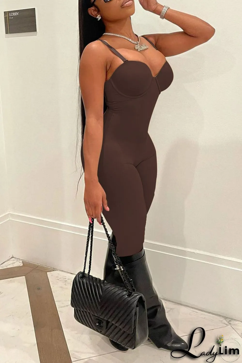 Brown Sexy Solid Patchwork Spaghetti Strap Regular Jumpsuits