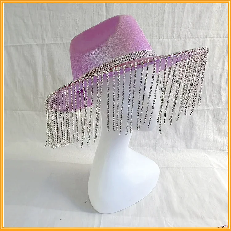 Party Rhinestone Fringe Chain Cowboy Hat-Pink