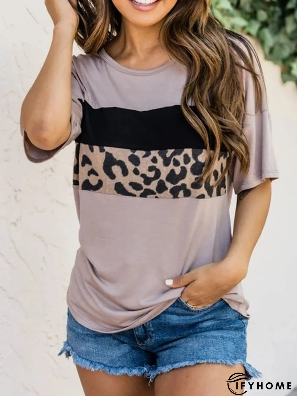 Leopard Short Sleeve Printed Cotton-blend Crew Neck Casual Summer Brown Top | IFYHOME