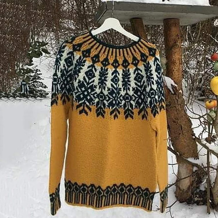 Comstylish Vintage Yellow Warmth Knit Jacquard Icelandic Crew Neck Sweater（Unisex）