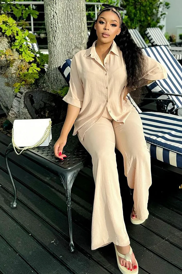 Turndown Collar Half Sleeve Blouse Solid Color Pants 2pcs Set-Beige