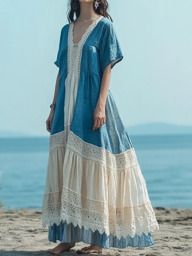 Lunivibe Vacation Lace Patchwork Flowy Linen Maxi Dress