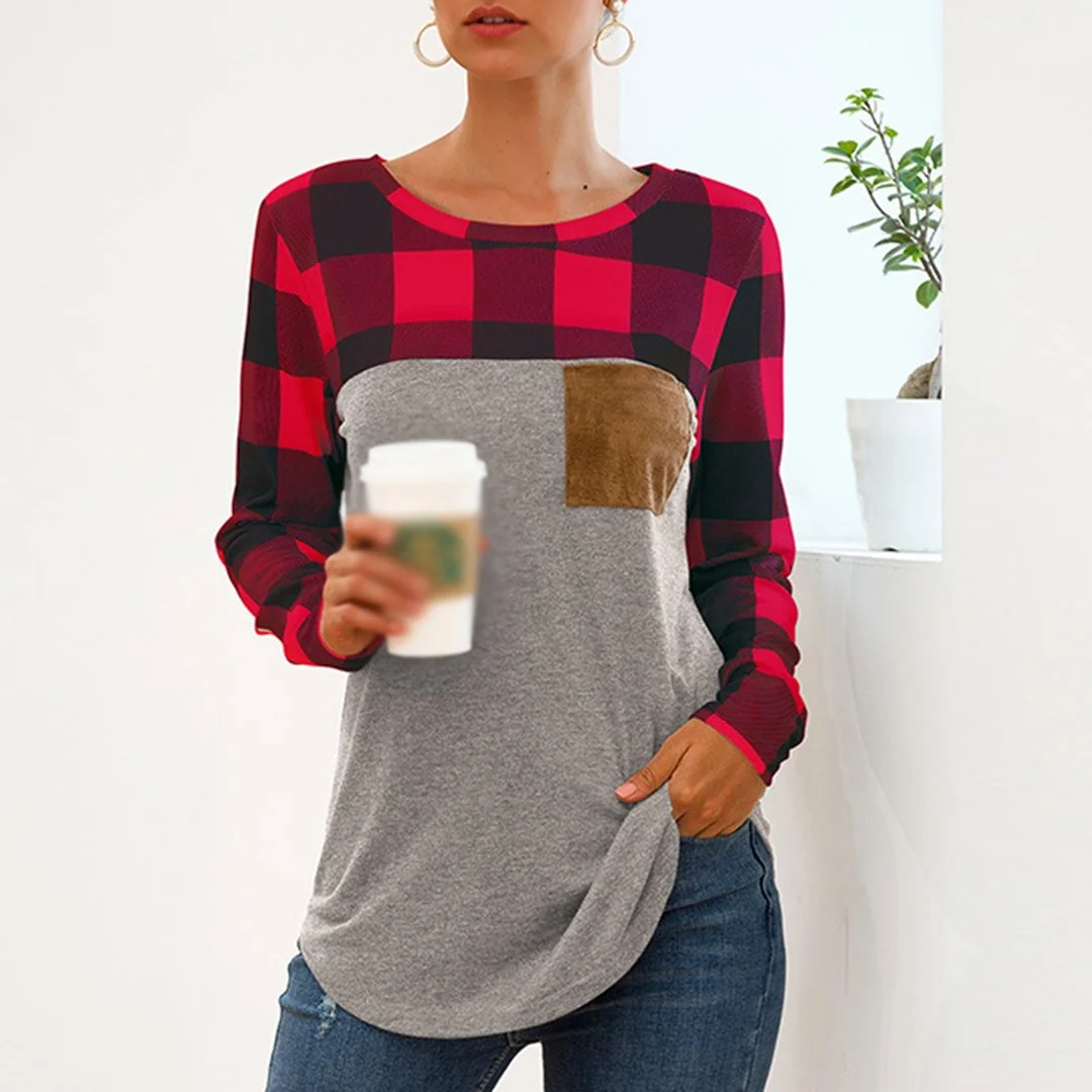 Women's Long Sleeve T-shirt New Pattern Print And Applique Pattern Tartan T-shirt Suitable For Fall Season