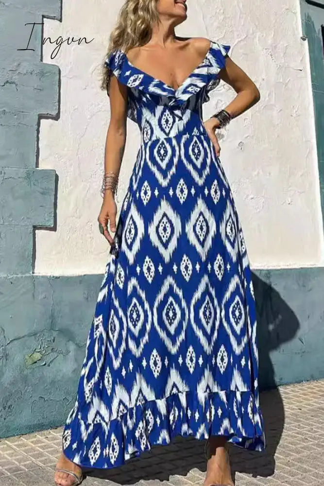 Sexy Geometric Print Flounce V Neck A Line Dresses Blue / S Dresses/Maxi