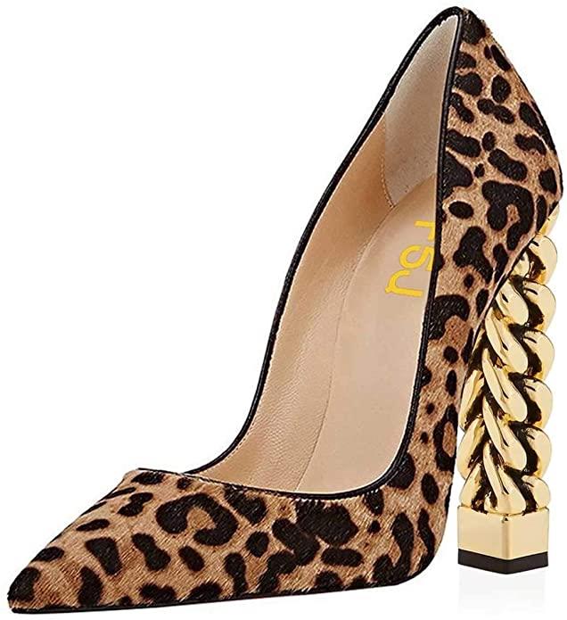 Brown Faux Suede Pointed Toe Block Heel Leopard Pumps Nicepairs