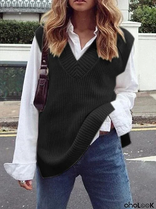 Ribbed V-Neck Sleeveless Sweater Vest
